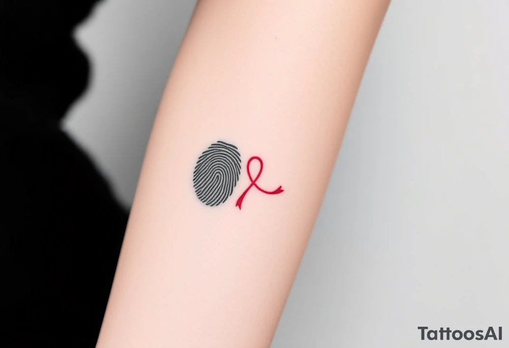 A simple black fingerprint with a thin, red ribbon looping around it, representing connection and destiny tattoo idea