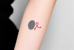 A simple black fingerprint with a thin, red ribbon looping around it, representing connection and destiny tattoo idea