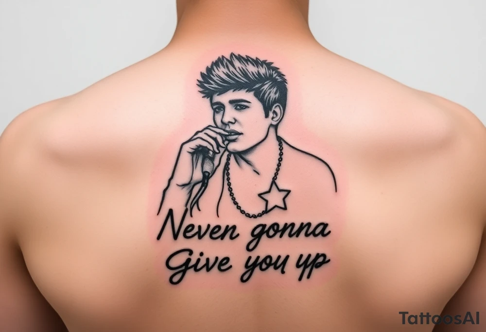 Rick Astley outline with text Never Gonna Give You Up tattoo idea