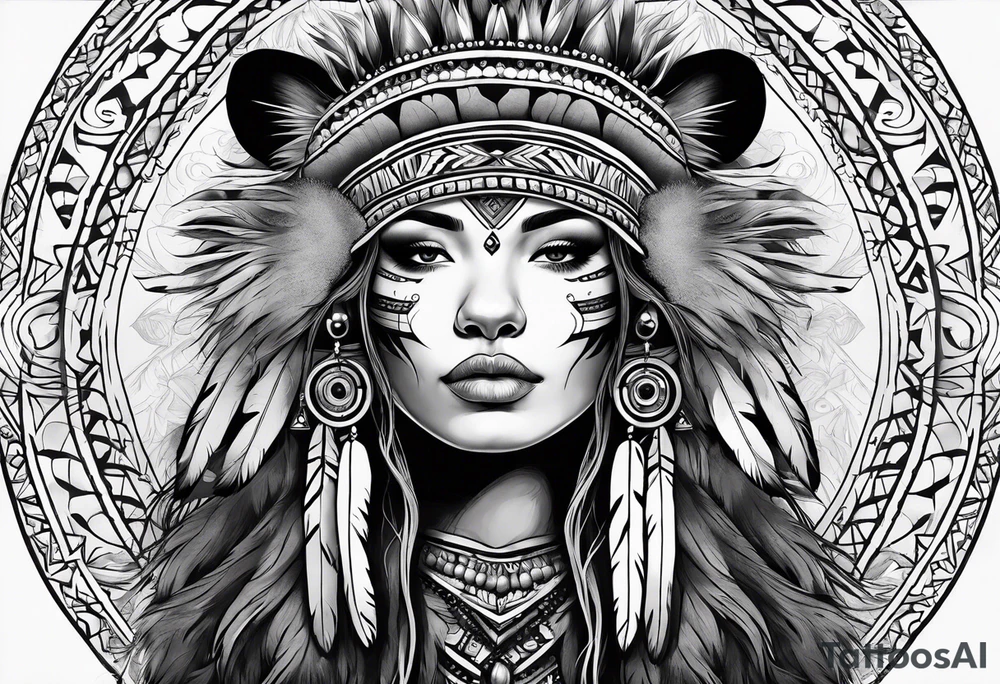 Native style bear pelt with woman and traditional headdress tattoo idea
