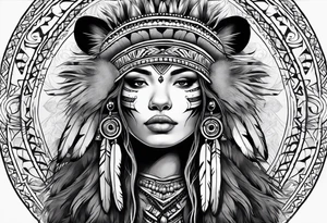 Native style bear pelt with woman and traditional headdress tattoo idea