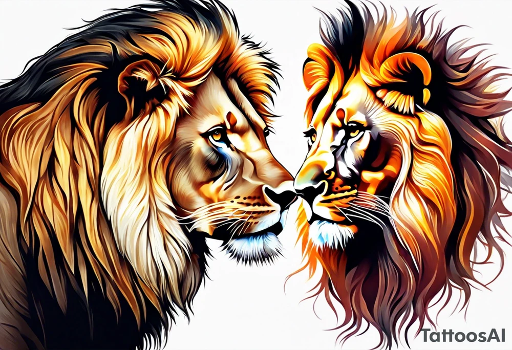 Realistic lion and lioness 
bonding tattoo idea
