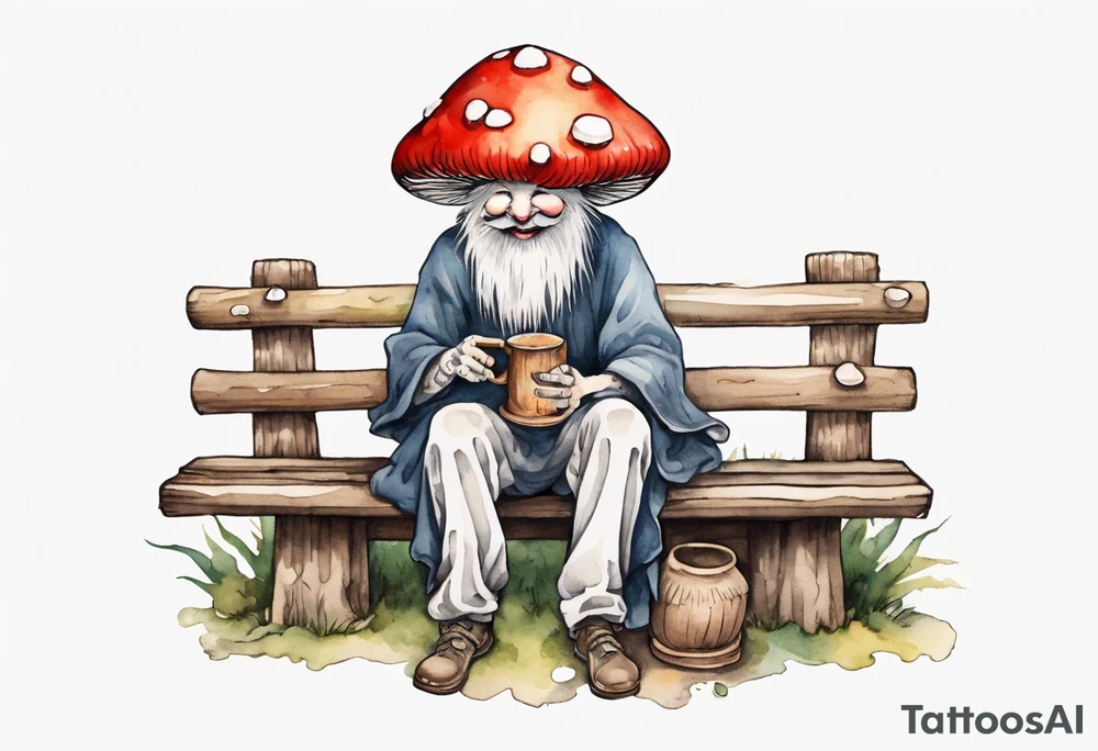 a mushroom person with a mouse-like face wearing a mushroom hat wearing a medieval tunic drinking from a wood cup, sitting on a bench laughing tattoo idea