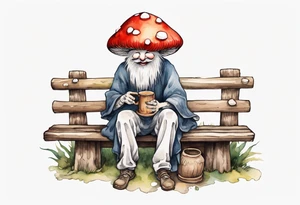 a mushroom person with a mouse-like face wearing a mushroom hat wearing a medieval tunic drinking from a wood cup, sitting on a bench laughing tattoo idea