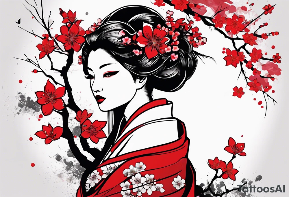 trash polka geisha red sun cherry blossoms tattoo idea