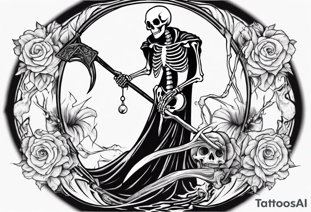 Skeleton with scythe death tarot card good and evil ying yang tattoo idea