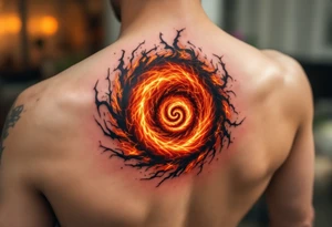 A fiery orange and crimson spiral resembling a burning vortex, symbolizing transformation. tattoo idea