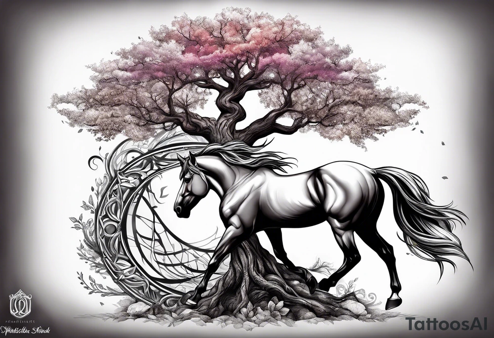 Realistic Horse and Yggdrasil tree tattoo idea