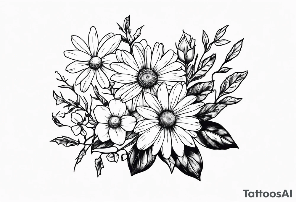 Daisy, rose, holly flower handheld 
bouquet tattoo idea