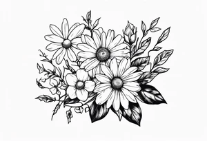 Daisy, rose, holly flower handheld 
bouquet tattoo idea