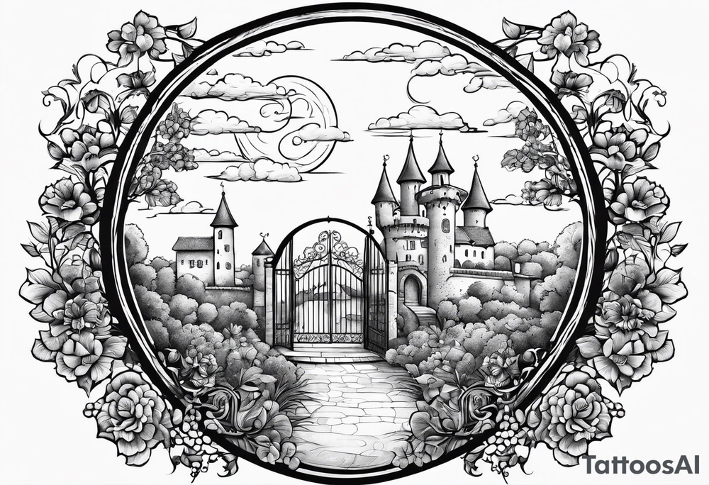 night medieval town garden open gate entrance 
 in circle vignette surrounded by clouds floral tattoo idea