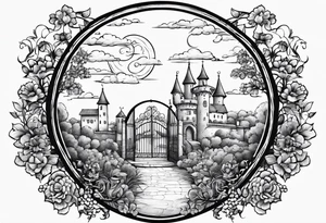 night medieval town garden open gate entrance 
 in circle vignette surrounded by clouds floral tattoo idea