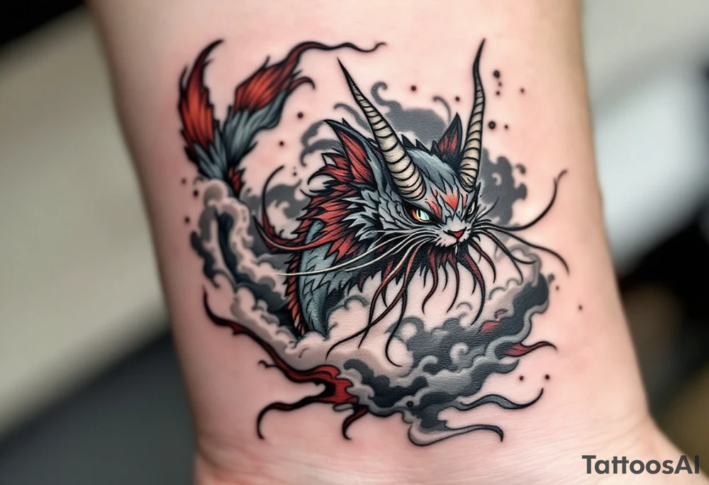 A fantasy hybrid catfish with long whiskers resembling tendrils, crimson and smoky gray scales, and finned horns, swirling through stylized clouds and mist. tattoo idea