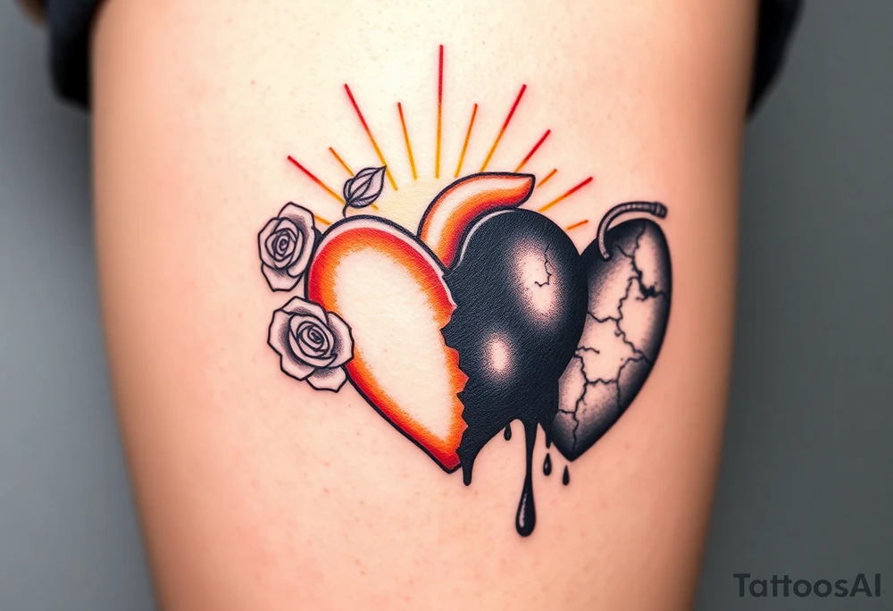 A sacred, glowing heart encased in rays of golden light, adorned with delicate white roses, representing purity, opposed to a blackened, broken heart with cracked, darkened edges, leaking a dark liquid like ink, symbolizing pain and corruption. tattoo idea