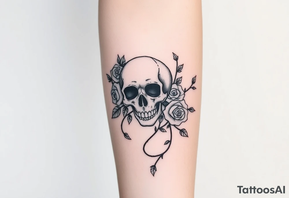 gothic skull intertwined with climbing roses and thorny vines tattoo idea
