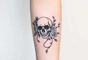 gothic skull intertwined with climbing roses and thorny vines tattoo idea