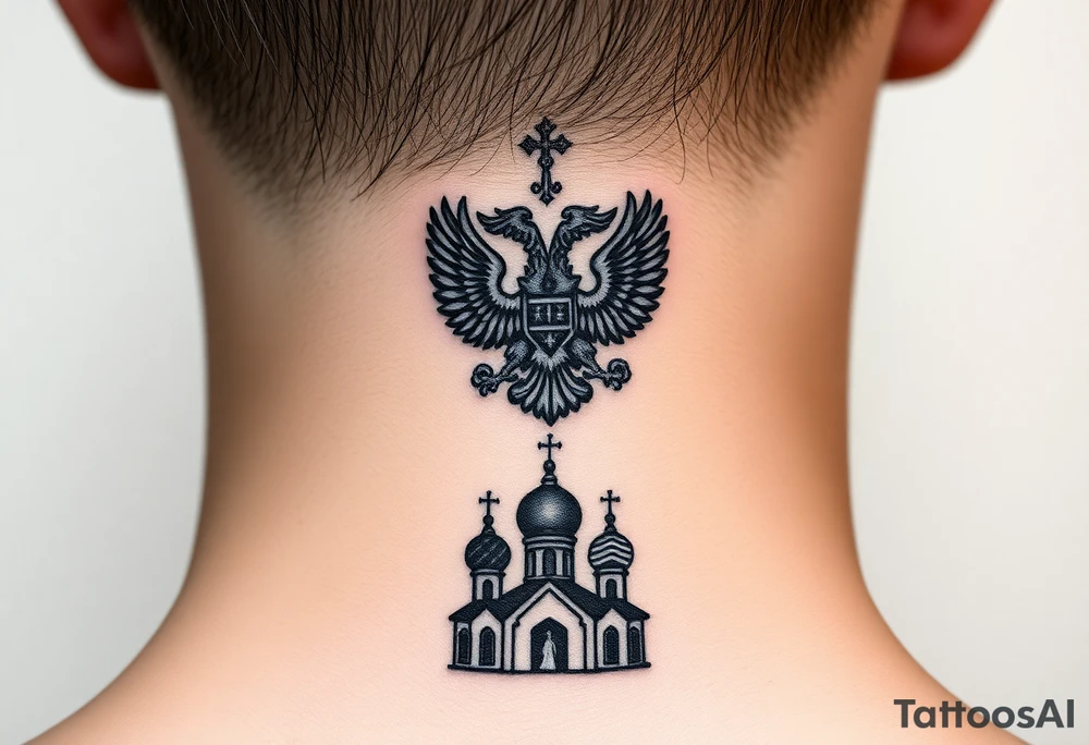 Stacked Vertical Column 

Russian star — bold
Middle: double-headed eagle — simplified, cleaner lines to suit the smaller space
Bottom: Orthodox church dome(s) & a Virgin Mary silhouette beneath tattoo idea