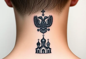 Stacked Vertical Column 

Russian star — bold
Middle: double-headed eagle — simplified, cleaner lines to suit the smaller space
Bottom: Orthodox church dome(s) & a Virgin Mary silhouette beneath tattoo idea