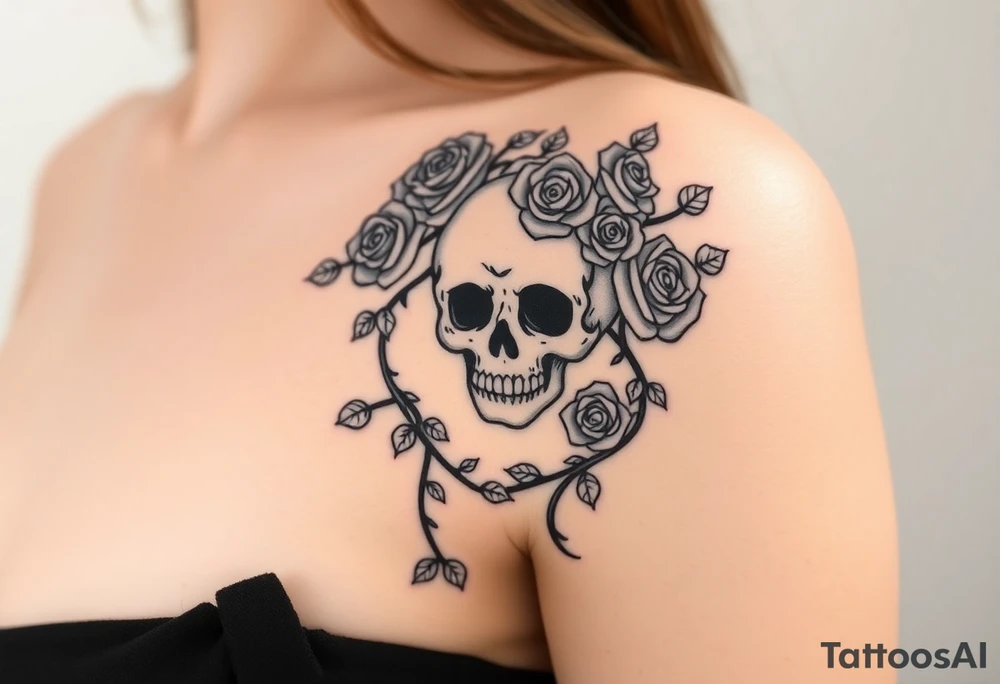 gothic skull intertwined with climbing roses and thorny vines tattoo idea
