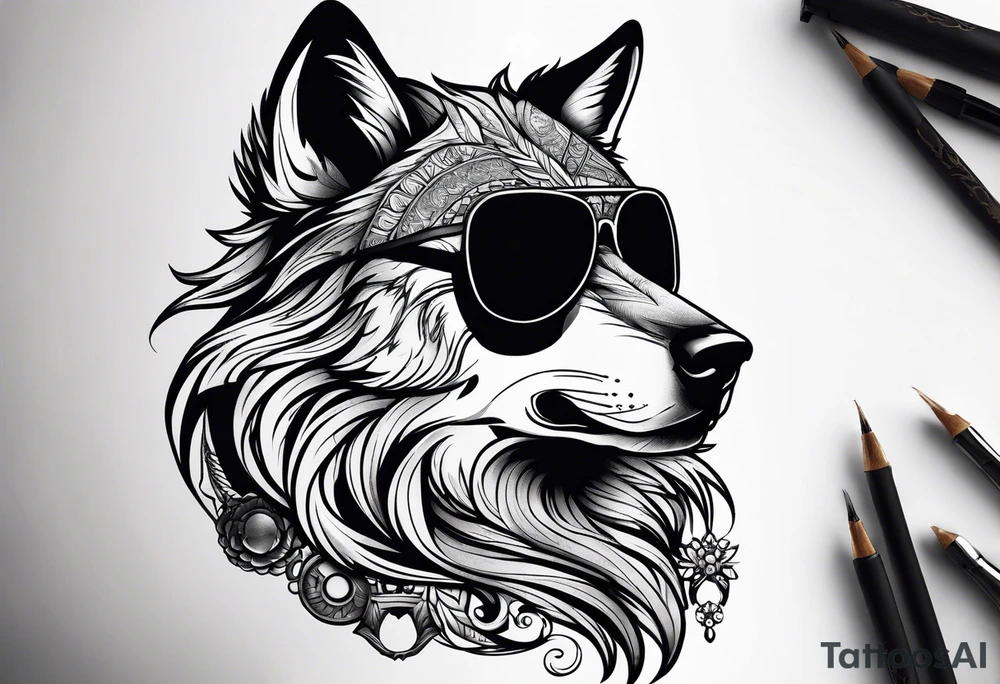 Badass wolf wearing sunglasses tattoo idea