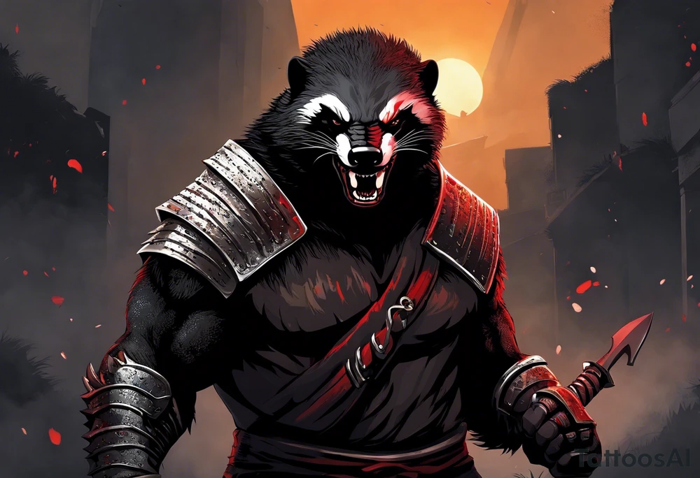 Draw me psychopath Fearless Honey Badger/Berserker with aggressive full body, killer face with a scary smile, very long nails and he attacks like a Bloody Assassin/Warrior/Gladiator to us and also, he has very deadly looking. He fights with his nails only. Everybody scares after their first sight. Give me horror type Badger Tattoo. I want to see his Realistic full body with no weapons. You can show destruction at the back. tattoo idea