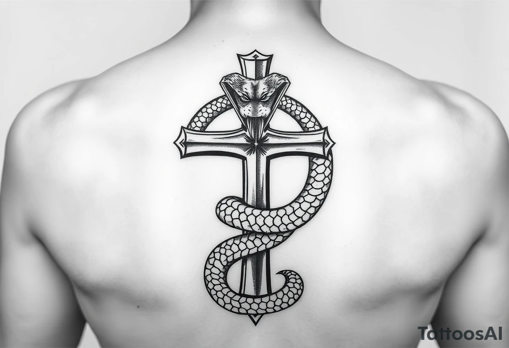 black and white drawing of a cross and a snake wrapped around it, leviathan cross, orthodox symbolism diesel punk, in hoc signo vinces, striking graphic illustration featuring a black cross engulfed by a snake, which forms an infinity loop. The snake is depicted with intricate scales and a menacing expression, coiling tightly around the vertical shaft of the cross. The overall composition is bold and simplistic tattoo idea