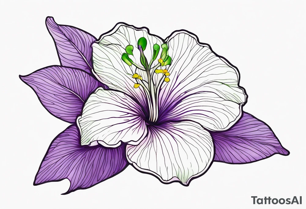 An outline of a rio dipladenia flower with green pedals and a purple watercolor splash in the background tattoo idea