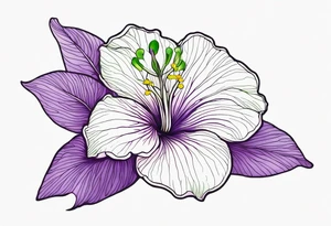 An outline of a rio dipladenia flower with green pedals and a purple watercolor splash in the background tattoo idea