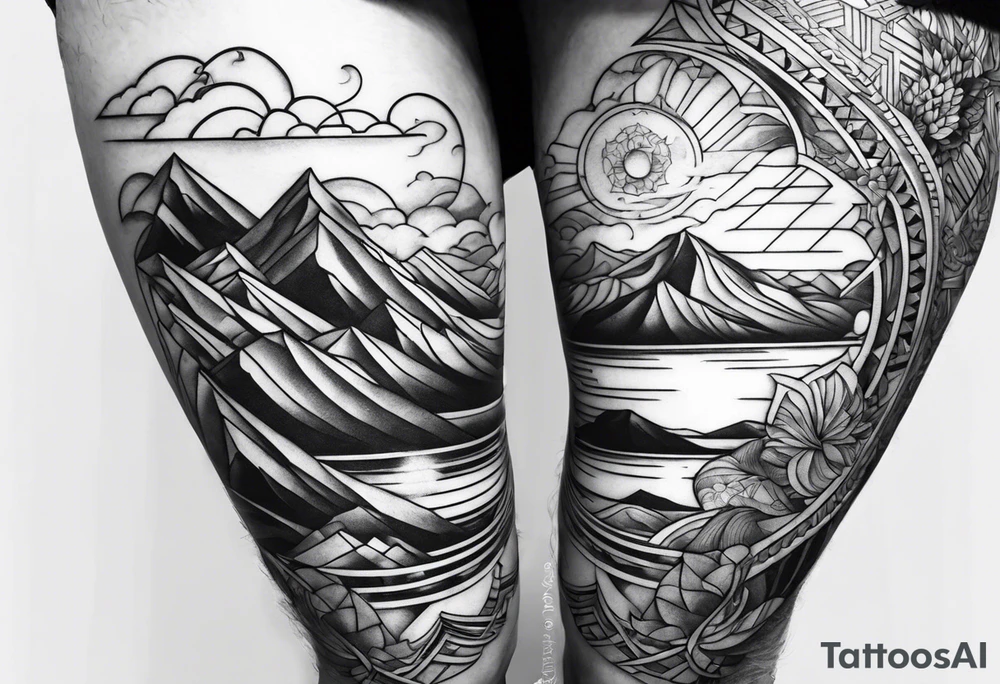 Mountain ocean geometric male full leg sleeve tattoo idea Mountain ocean geometric male full leg sleeve tattoo idea