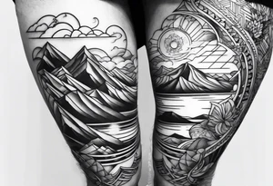 Mountain ocean geometric male full leg sleeve tattoo idea
