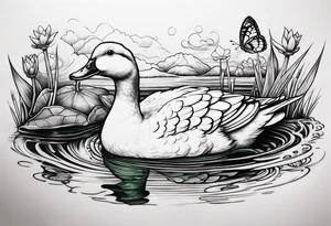 A white Duck a green toad and a moth playing together in a pond tattoo idea