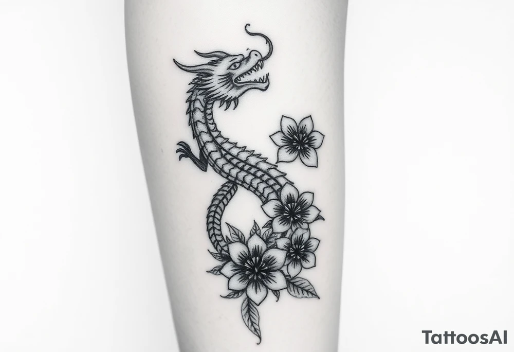 Leg area back of calf dragon going up 4 flowers tattoo idea