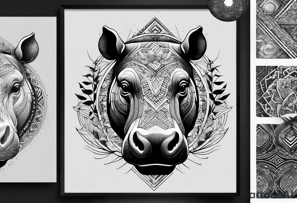 Very asymmetrical, +geometric pattern, with realistic full moon, with hippo at side look, +tribal, +geometric, +inkart , +blackwork, +grey scale, + sketch
with wintersweet flower bud, +inkart touch, +for men tattoo idea
