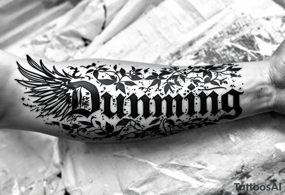 Dunning, left forearm details include angel wing, greek type of font,jungle leaves , tiger claw scratch tattoo idea