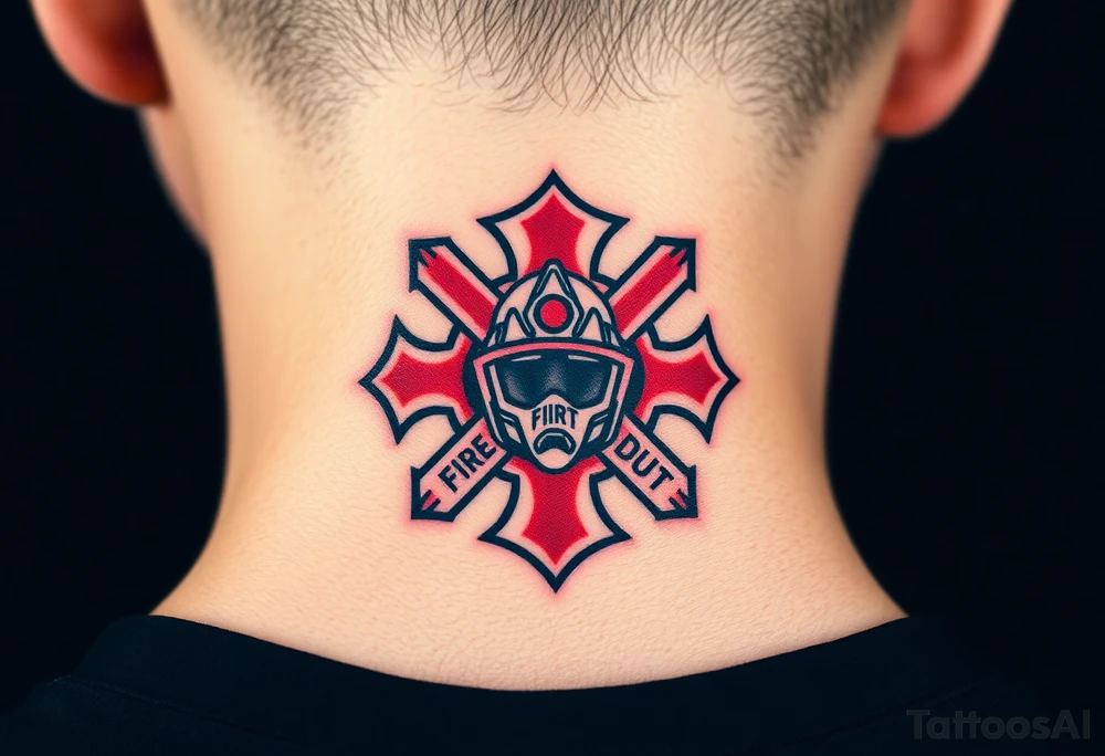 A bold red and black Maltese cross with a firefighter’s helmet in the center, representing bravery and duty tattoo idea