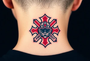 A bold red and black Maltese cross with a firefighter’s helmet in the center, representing bravery and duty tattoo idea