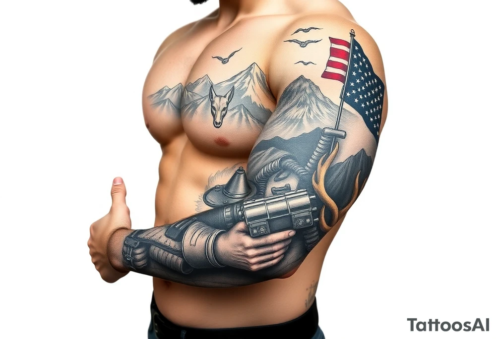 see country, mountains, wildlife, nature, racing , father of 4,
blue collar,  American flag, welder tattoo idea