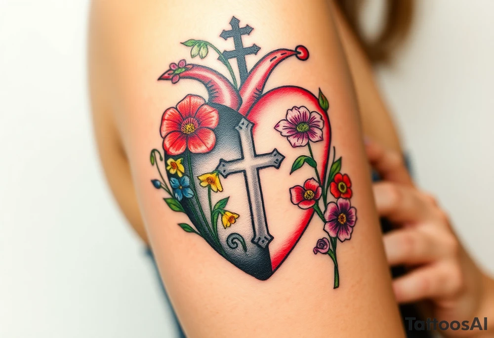 tattoo with heart
: one side representing death and the other life. (from death to life) with a simple cross down the middle. The life side I'd like the following flowers growing out of it: Morning Glory, Lily of the Valley, Daffodil, Rose, Poppy, and Iris tattoo idea