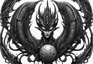 Full body Xenomorph queen with ovomorph eggs tattoo idea
