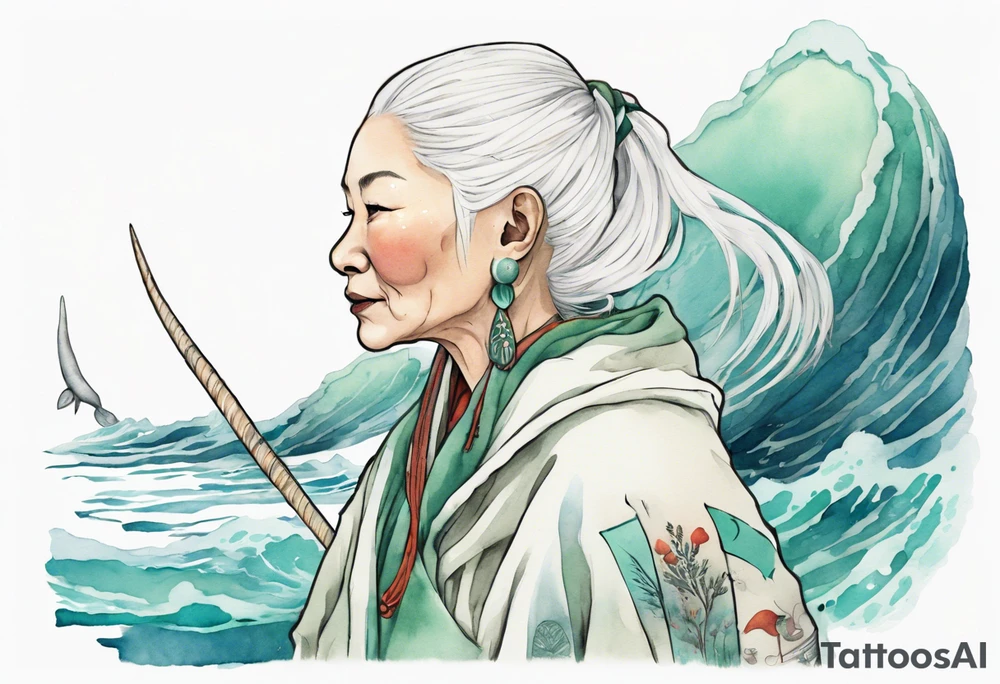 a 45-year-old Sami woman with white  hair wearing a white and mint cloak swimming with a narwhal tattoo idea
