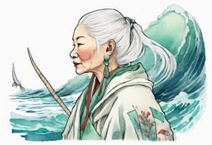 a 45-year-old Sami woman with white  hair wearing a white and mint cloak swimming with a narwhal tattoo idea