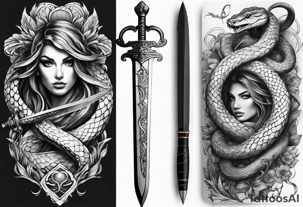 half sleeve tattoo with a snake wrapped around a sword and a heart tattoo idea