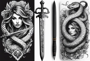 half sleeve tattoo with a snake wrapped around a sword and a heart tattoo idea