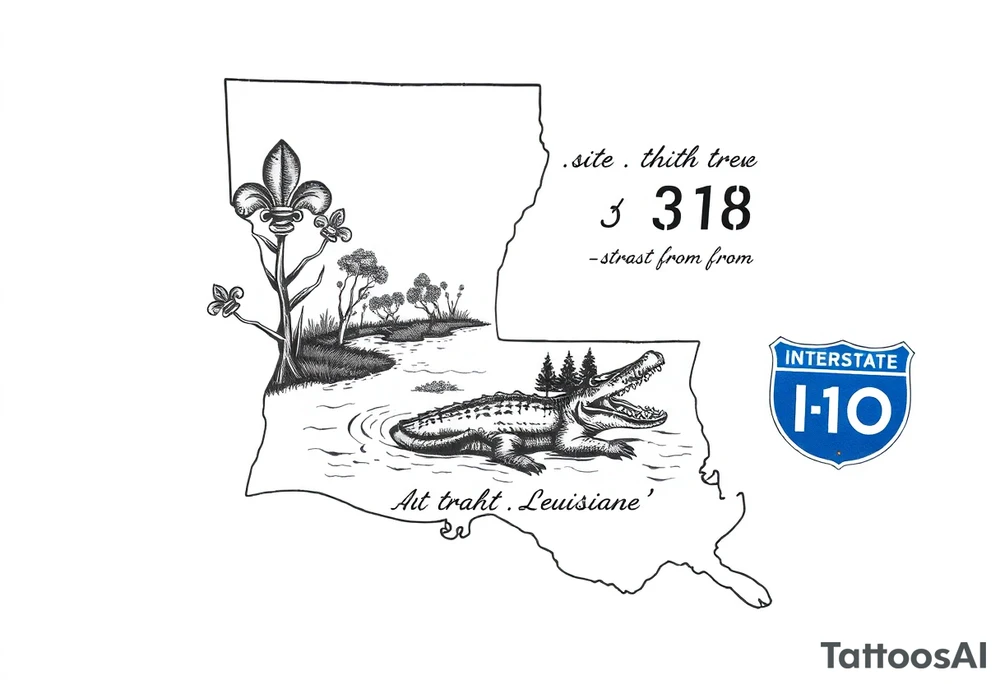 Louisiana state outline with fleur-de-lis, a bayou with a gator and trees , the 318 area code and and quote that says  Out the dirt, out the water, straight from 318 , a sign that says interstate I-20 tattoo idea