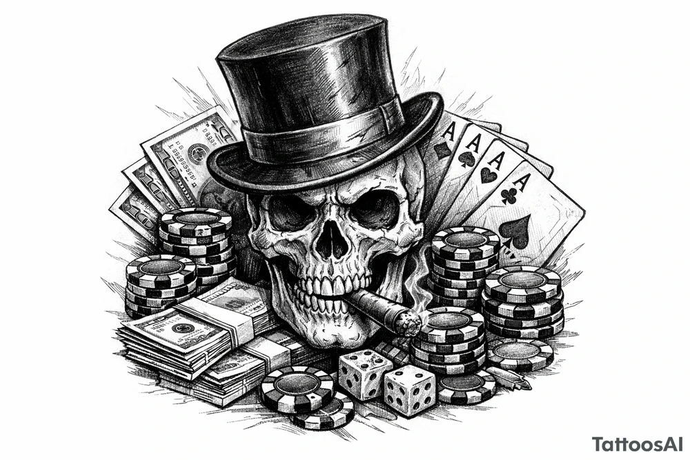 skull with cigar in his mouth,top-hat surrounded by poker-chips,paying cards and money. tattoo idea