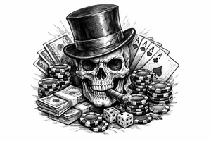 skull with cigar in his mouth,top-hat surrounded by poker-chips,paying cards and money. tattoo idea