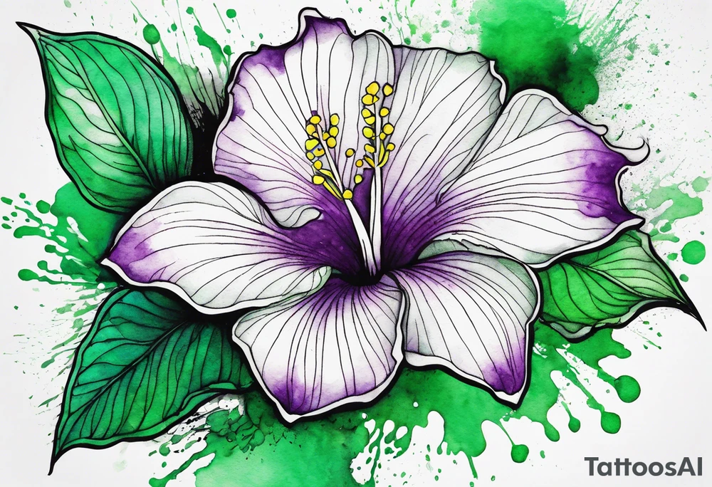 An outline of a rio dipladenia flower with a mystical green/purple watercolor splash in the background tattoo idea