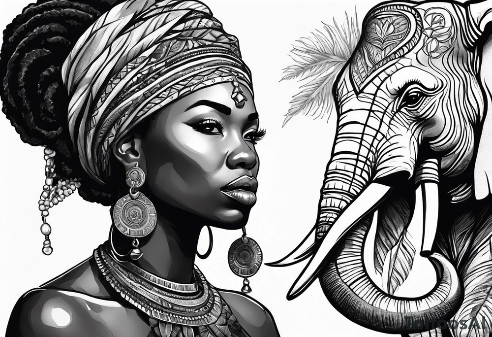 African woman warrior holding spear with deadlocks and earrings. With leafs and brids and Elephant in the background tattoo idea