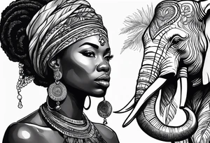 African woman warrior holding spear with deadlocks and earrings. With leafs and brids and Elephant in the background tattoo idea