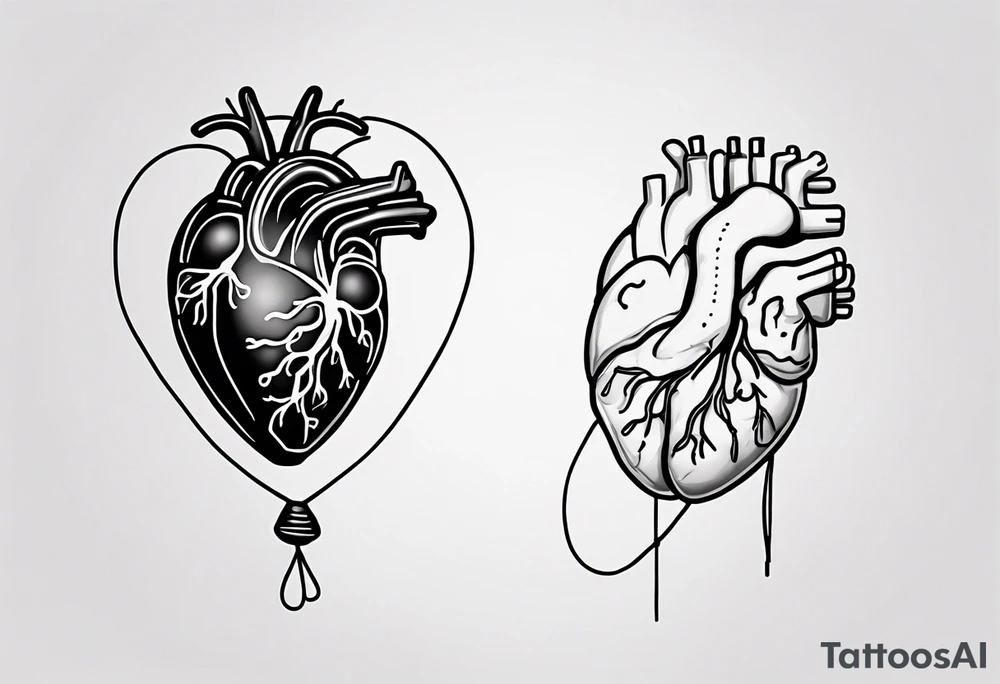 A simple line design anatomical heart and anatomical brain tied with balloon string being held by a woman's hand tattoo idea